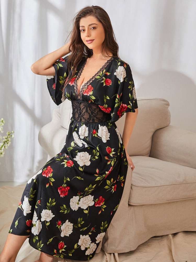 Deep V Neck Multicolor Half Sleeve Elegant Women Sleepwear 189