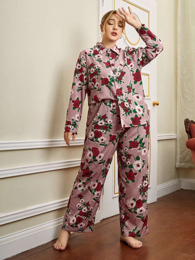  Multicolor Button Front Plus Size Pajama Sets 460