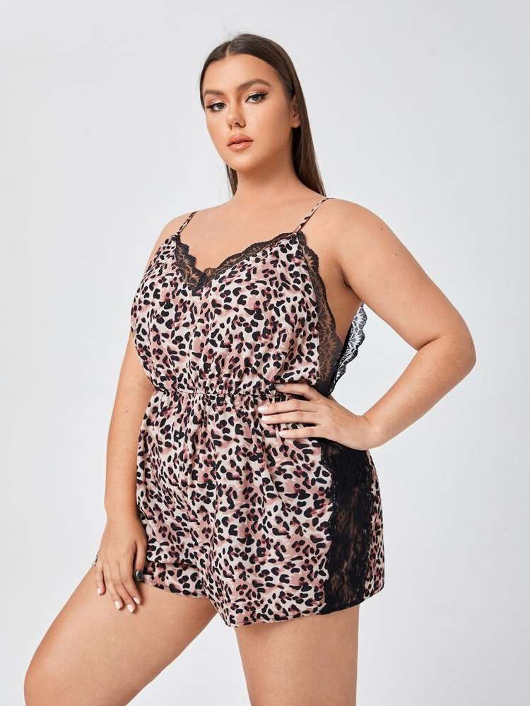 Contrast Lace Colorblock Spaghetti Strap Plus Size Sleep Jumpsuits 1351