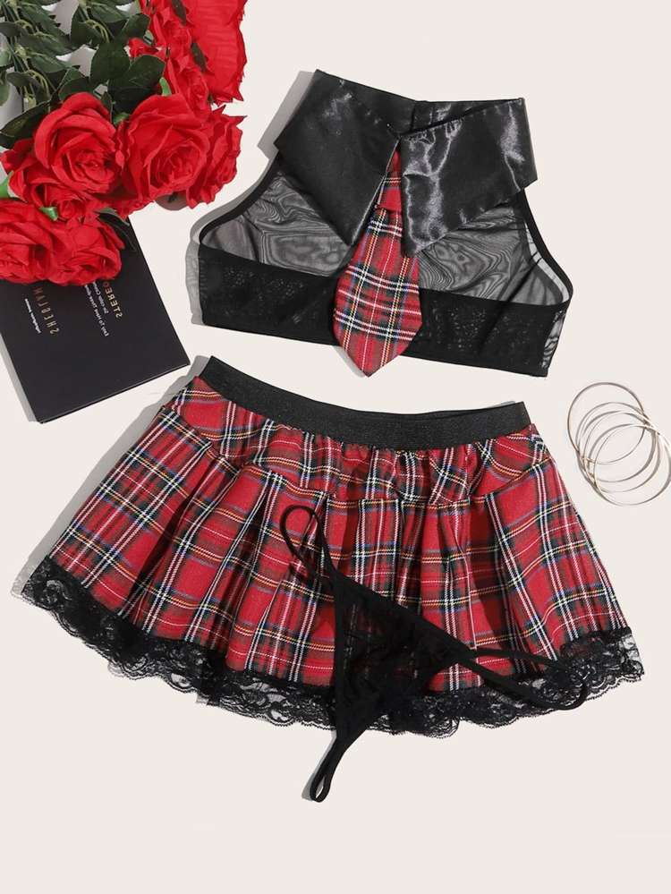  Contrast Lace Tartan Underwear  Sleepwear 5209