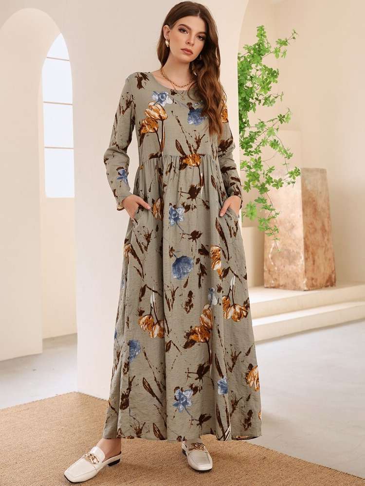 Floral Round Neck Casual Multicolor Arabian Wear 852