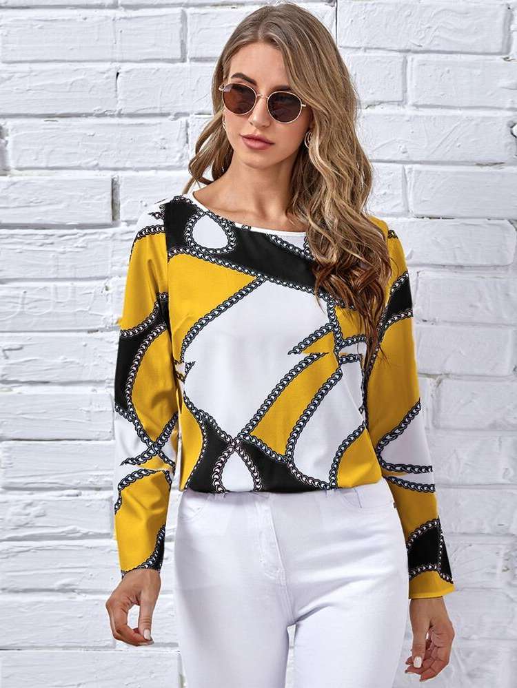 Round Neck Long Sleeve Chain Print Women Clothing 194