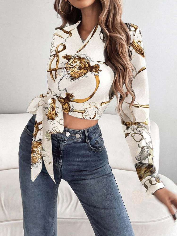 Crop Long Sleeve Elegant Wrap Women Blouses 6669