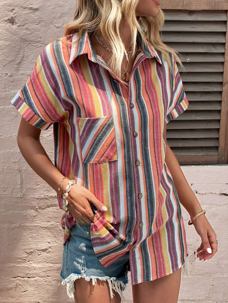 Long Button Front Multicolor Women Blouses 8962