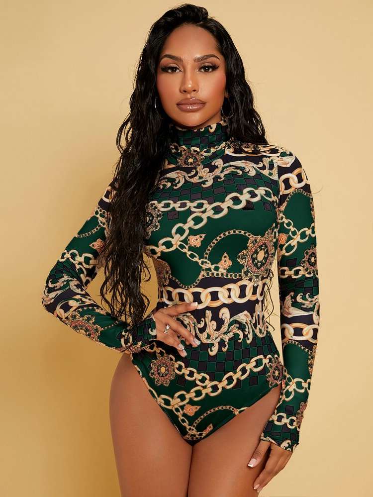 Skinny Long Sleeve Chain Print Women Jumpsuits  Bodysuits 9098