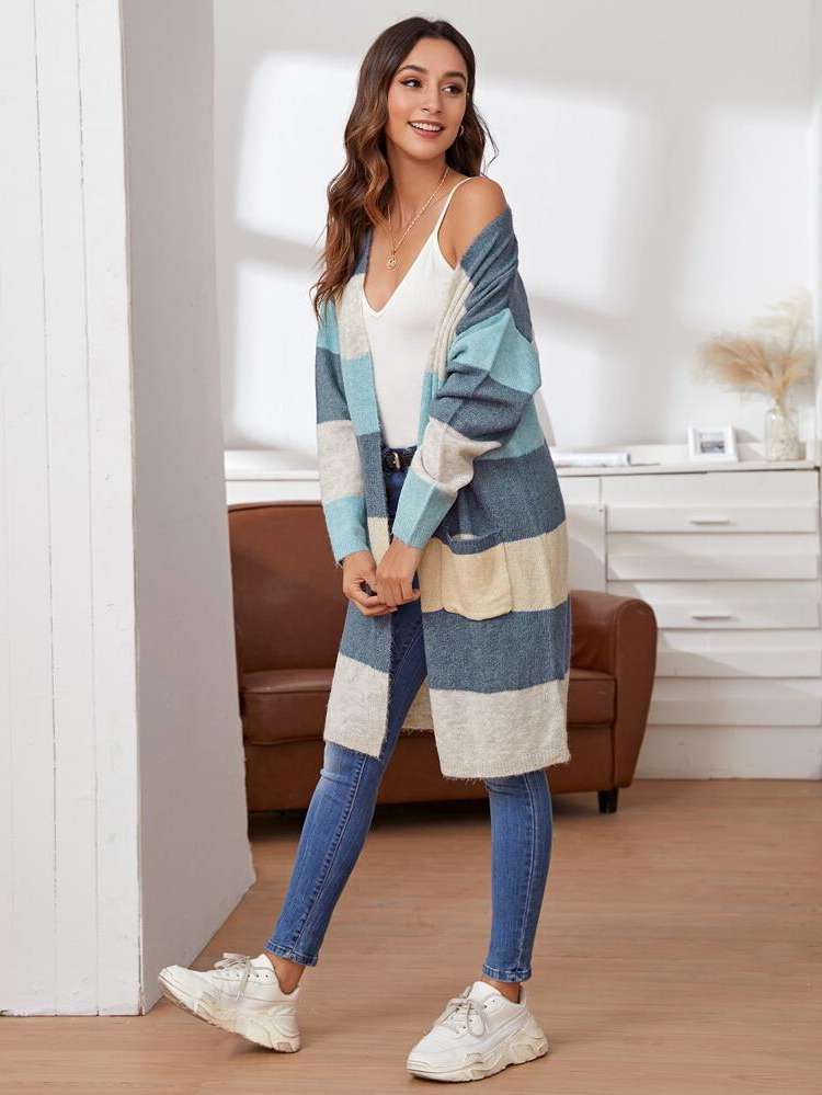 Long Sleeve Multicolor Colorblock Women Cardigans 8723