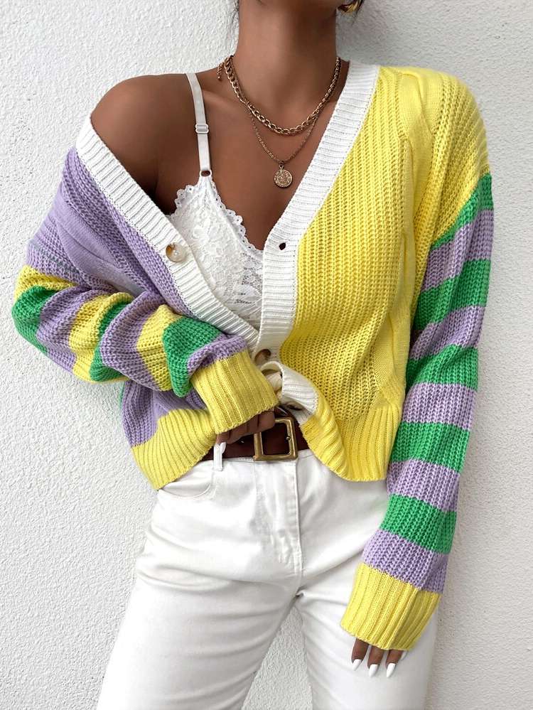 Regular Fit Long Sleeve Colorblock V neck Women Cardigans 6284