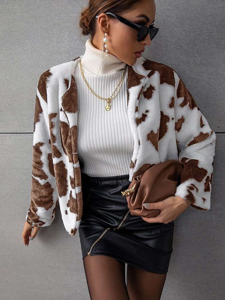  Graphic Crop Regular Fit Women Faux Fur Coats 409