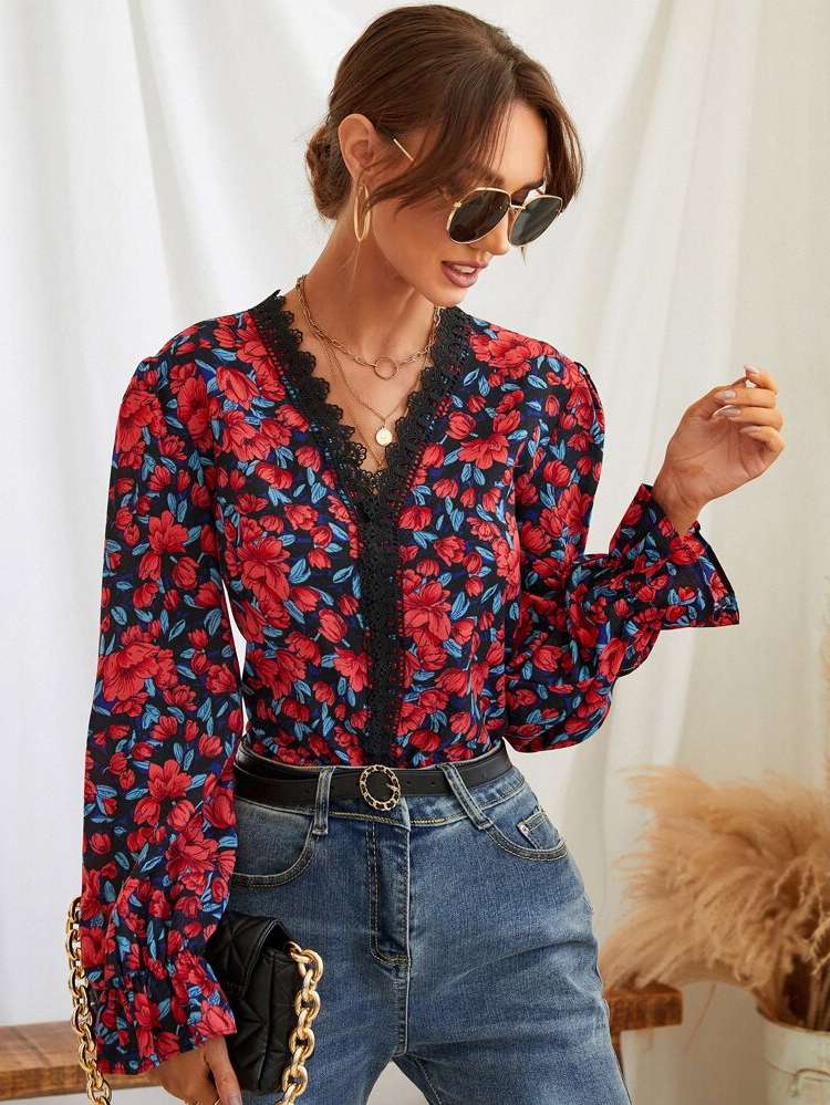 Long Sleeve Ruffle Floral Women Clothing 4697