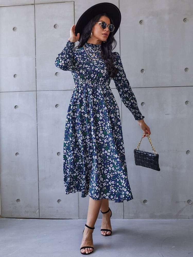 Shirred Long Sleeve Stand Collar Ditsy Floral Women Dresses 1510