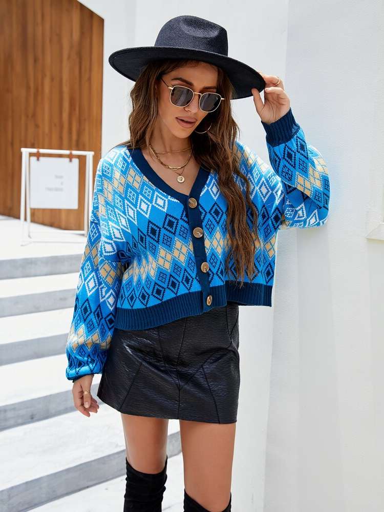 V neck Geometric Crop Oversized Women Cardigans 1487