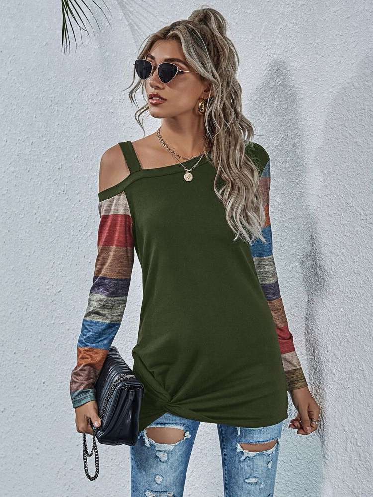 Asymmetrical Neck Long Sleeve Regular Fit Women T-Shirts 8489