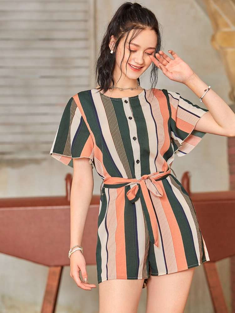 Striped Multicolor Belted Regular Fit Women Jumpsuits  Bodysuits 508