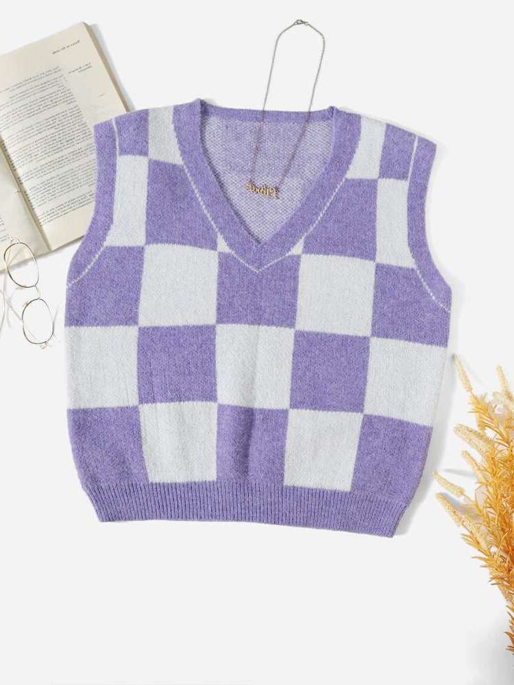 Gingham Regular Casual Women Sweater Vests 5102