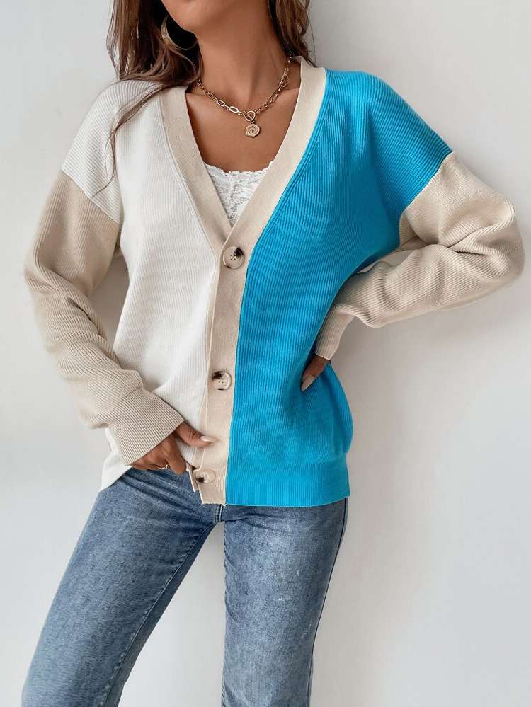 Contrast Binding Colorblock Regular Casual Women Cardigans 7015