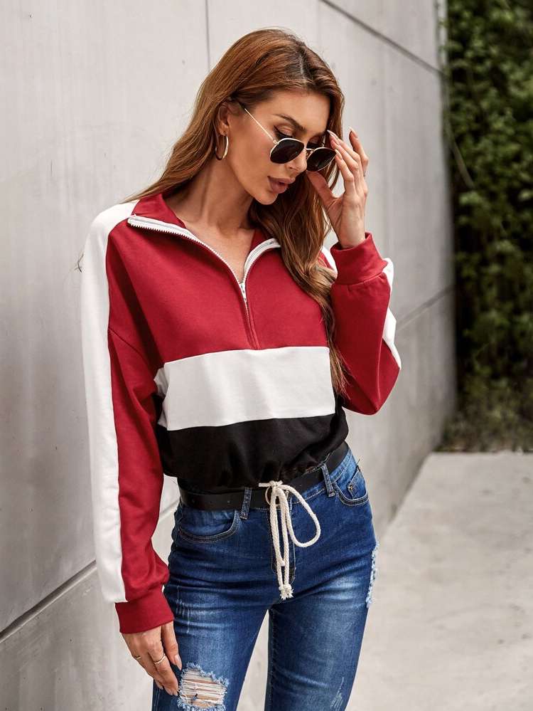 Collar Colorblock Regular Fit Women Sweatshirts 8977