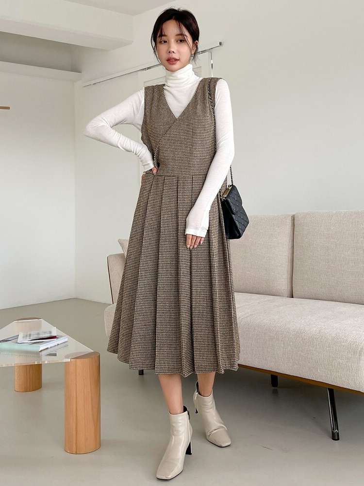 Multicolor V neck Plaid Casual Women Dresses 7942