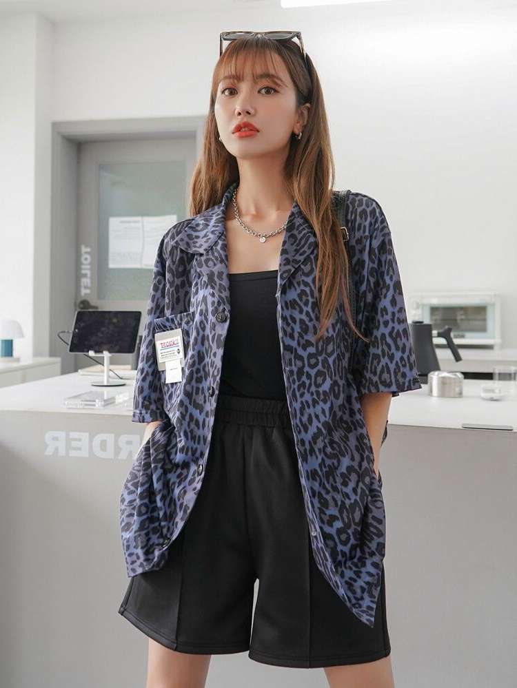 Regular Fit Leopard Long Lapel Women Clothing 1506