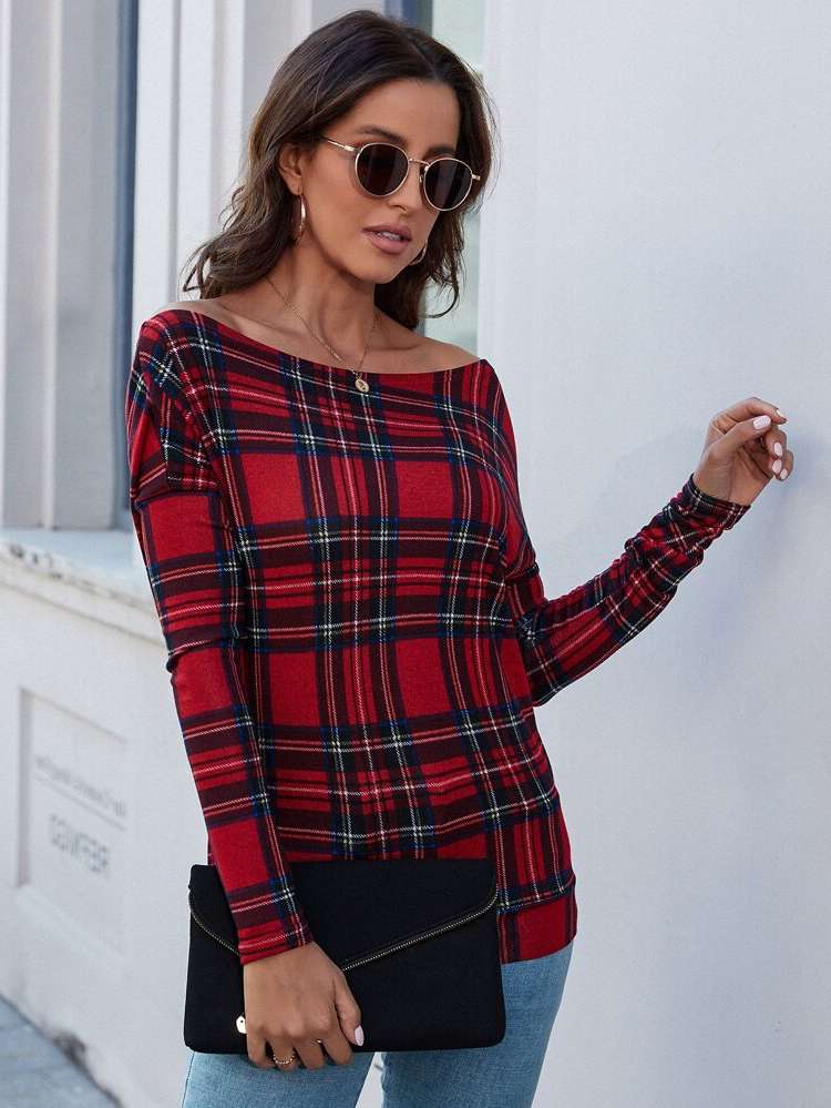 Asymmetrical Tartan Asymmetrical Neck Women Tops, Blouses  Tee 2985