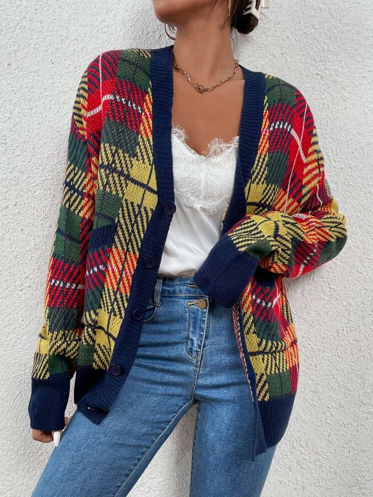 Casual Plaid Multicolor V neck Women Cardigans 1470