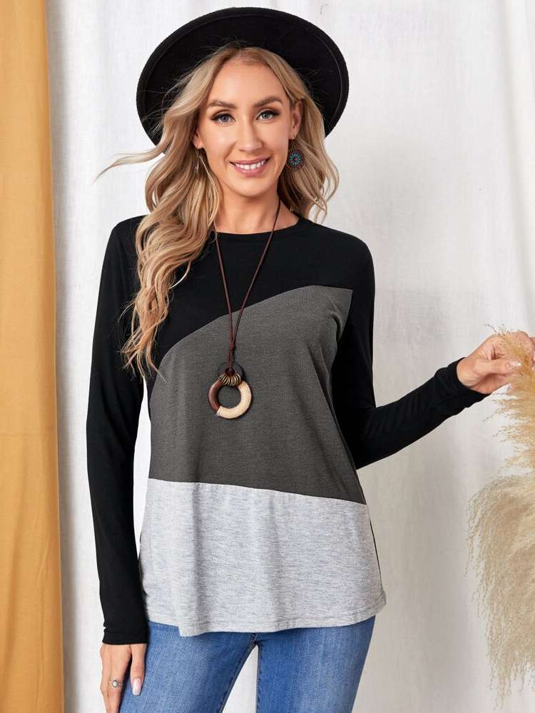 Regular Colorblock Long Sleeve Women Clothing 9272