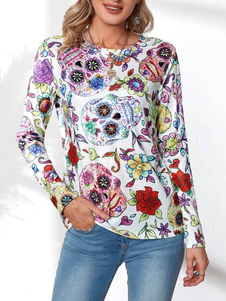 Long Sleeve Multicolor Halloween Women T-Shirts 118