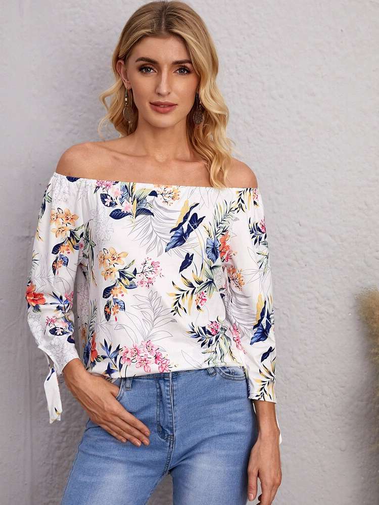 Regular Fit Regular Floral Off the Shoulder Women Clothing 926