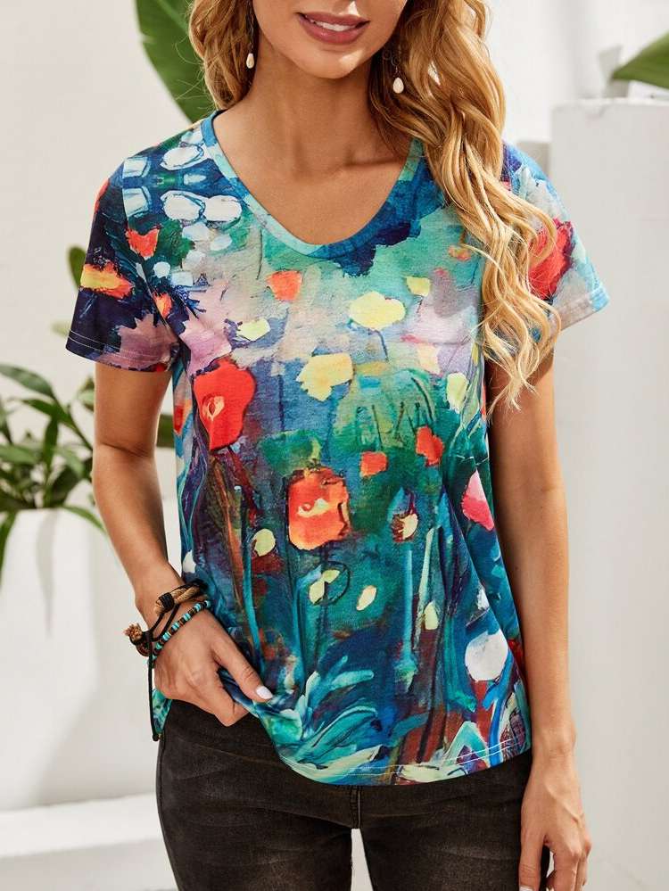 Floral Regular Short Sleeve Round Neck Women Tops, Blouses  Tee 628