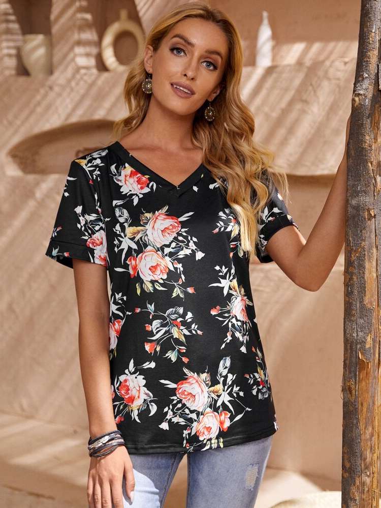 Multicolor V neck Floral Women T-Shirts 148