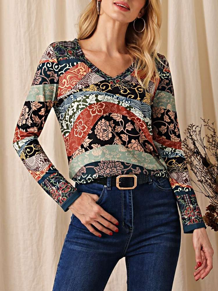  V neck Regular Long Sleeve Women Tops, Blouses  Tee 9141