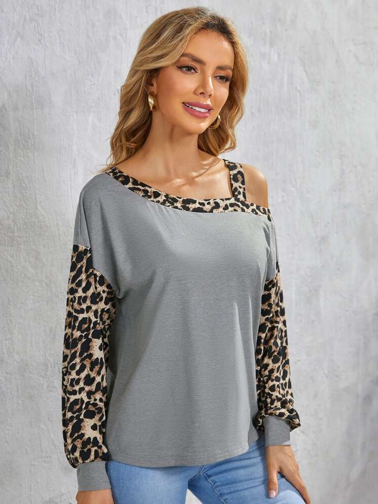 Long Sleeve Leopard Asymmetrical Neck Asymmetrical Women Clothing 9755