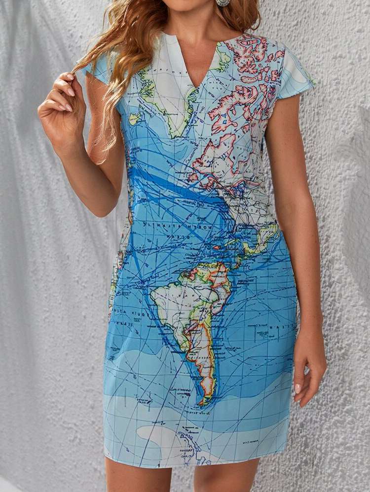 Regular Fit Short Map Women Dresses 8935