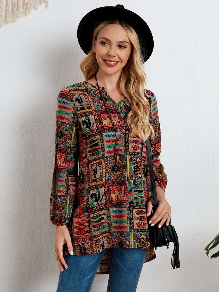 Long Notched Multicolor Long Sleeve Women Blouses 8330