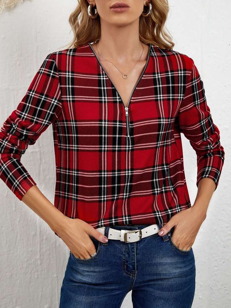 Regular Fit Zipper Long Sleeve V neck Women Blouses 1644