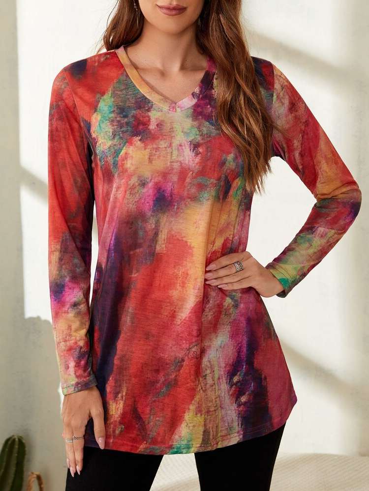 Regular Fit Casual Long Tie Dye Women Tops, Blouses  Tee 3898