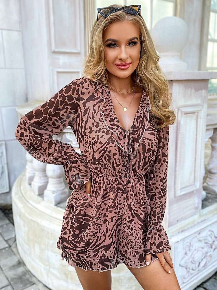 Long Sleeve Boho Multicolor Leopard Women Clothing 870