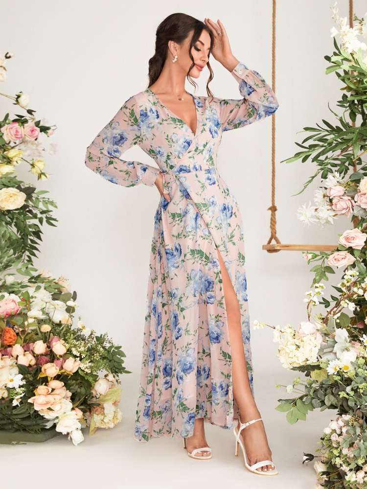 Deep V Neck Floral Long Sleeve Maxi Women Dresses 341