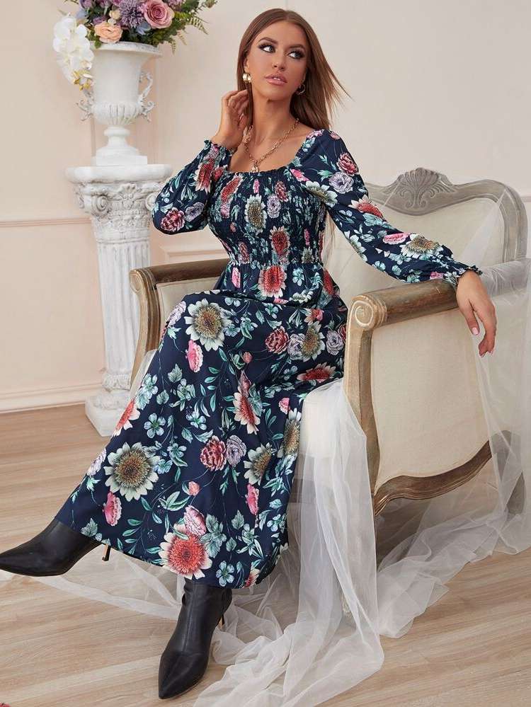 Multicolor Long Square Neck Floral Women Dresses 7781