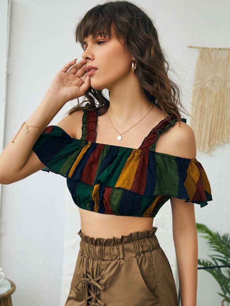 Boho Cold Shoulder Striped Frill Women Clothing 1864