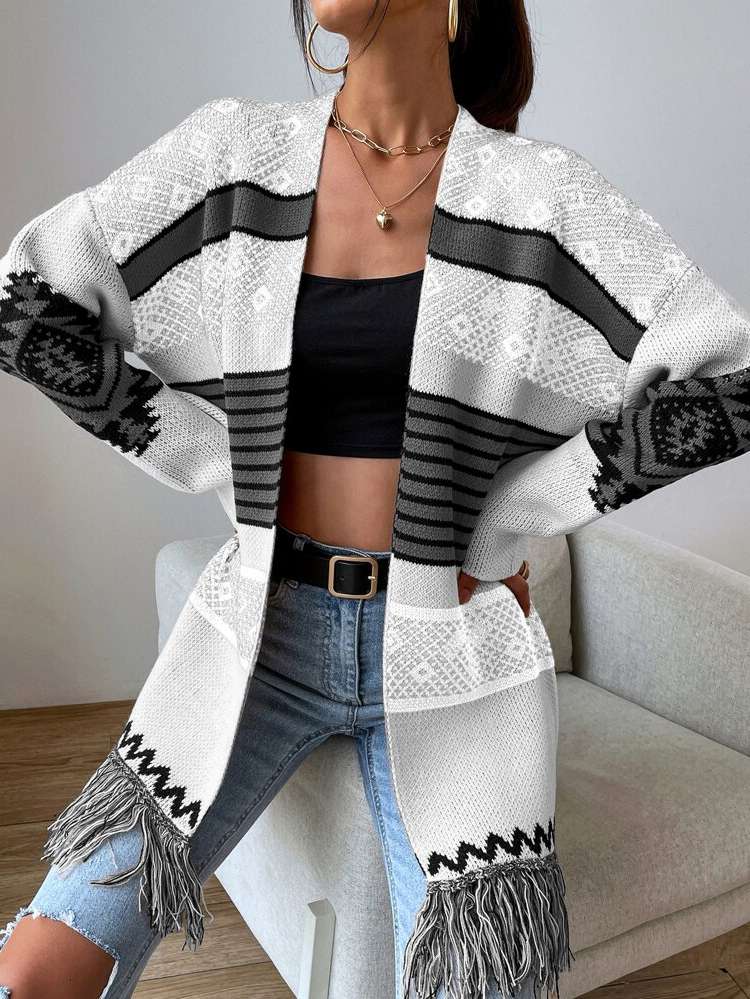 Geometric Long Sleeve Short Women Cardigans 2830