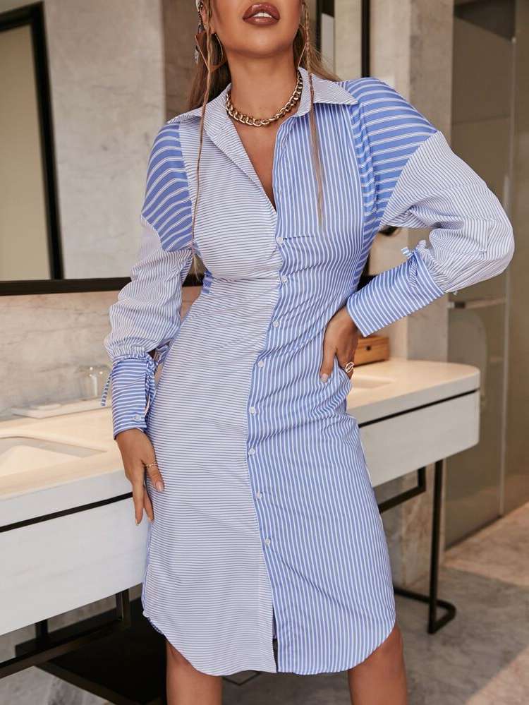 Striped Casual Collar Long Sleeve Women Dresses 8436