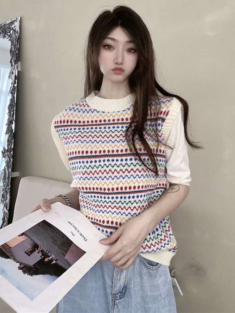 Regular Multicolor Round Neck Casual Women Knitwear 988