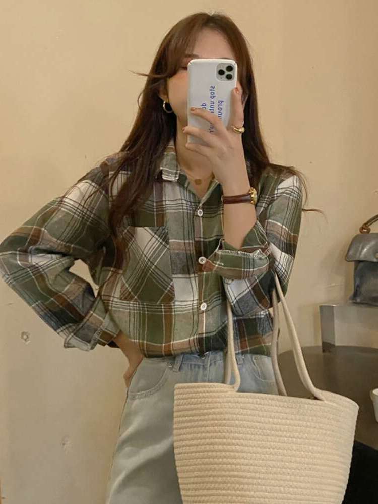 Tartan Long Sleeve Pocket Oversized Women Tops, Blouses  Tee 4416