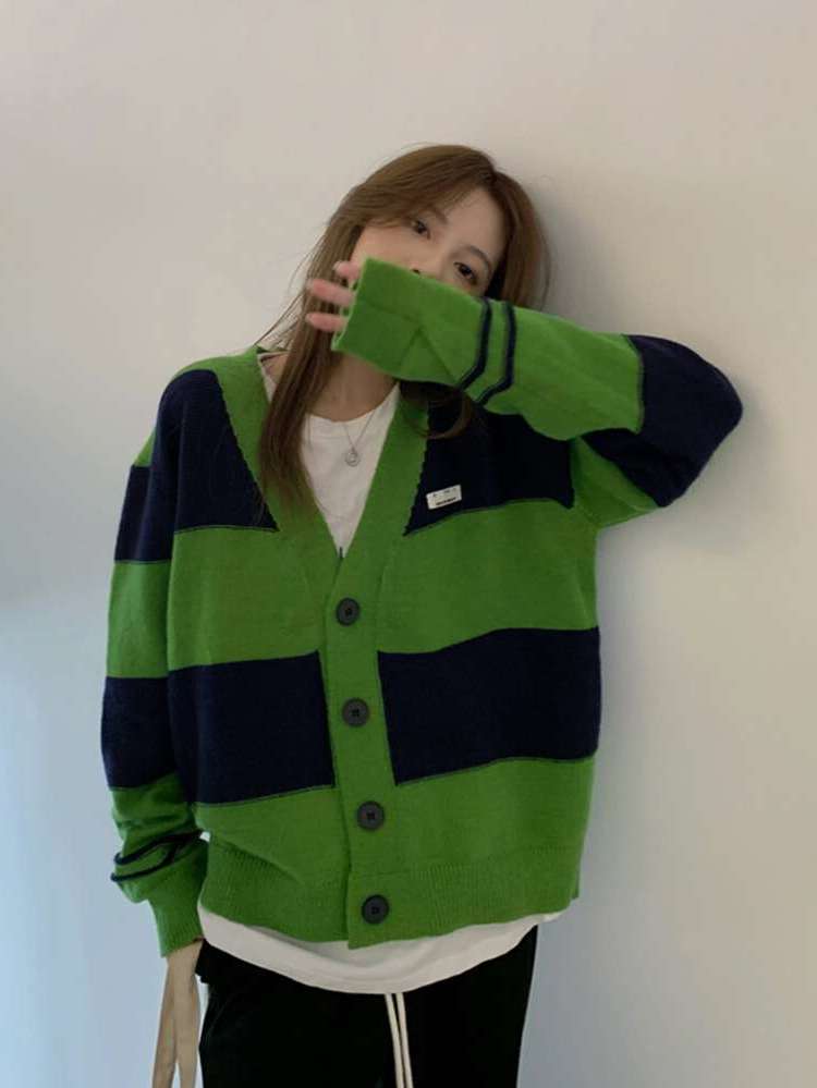 Casual V neck Colorblock Long Sleeve Women Knitwear 3471