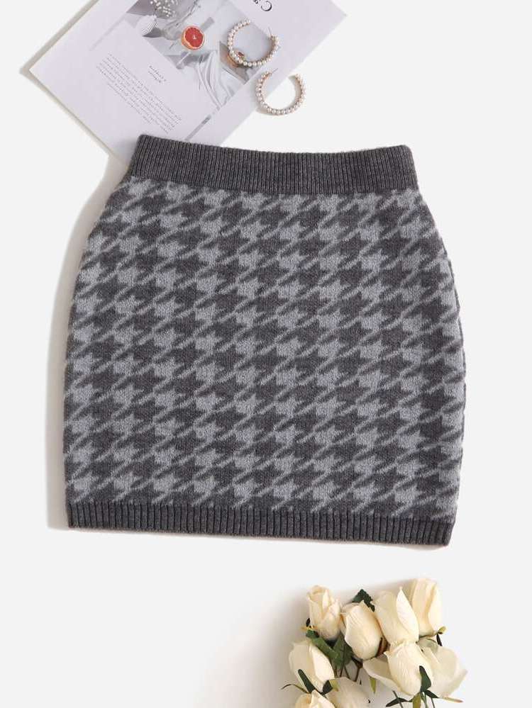 Mini Casual Houndstooth Women Sweater Skirts 1519