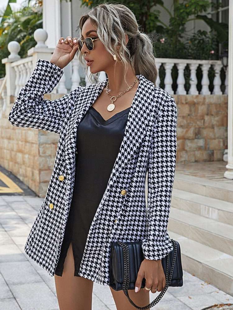 Double Button Regular Houndstooth Regular Fit Women Overcoats 10