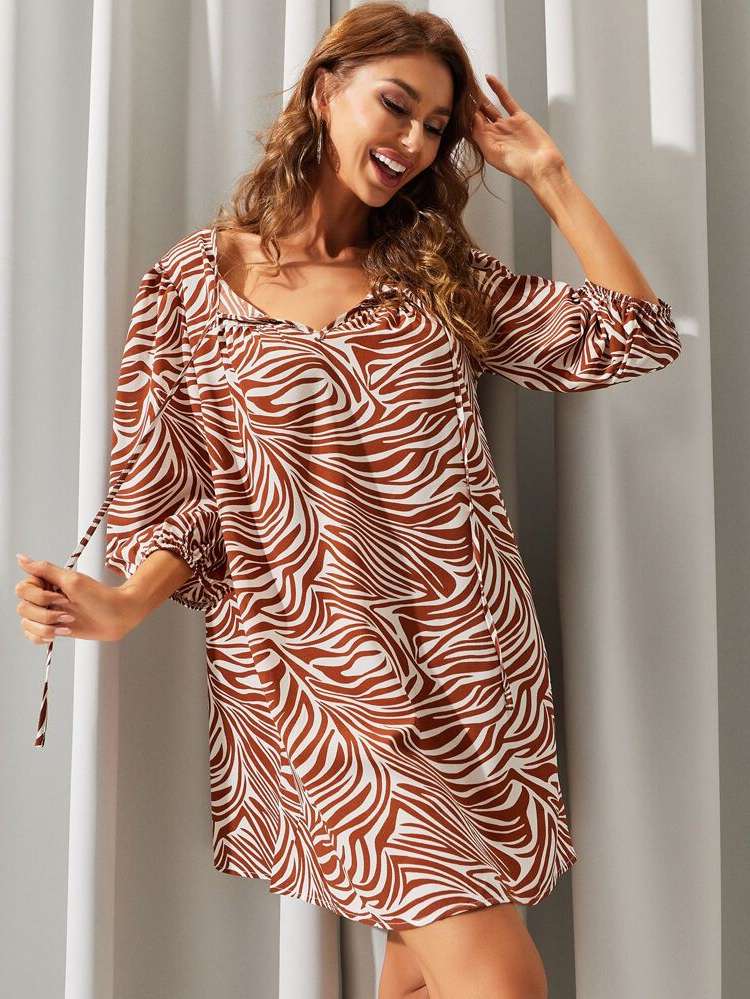  Tie Neck Zebra Stripe Women Clothing 274