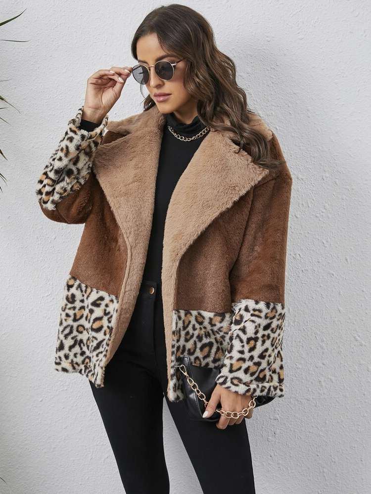  Regular Colorblock Lapel Women Faux Fur Coats 649