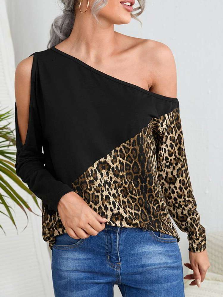  Asymmetrical Neck Sexy Leopard Women Clothing 837