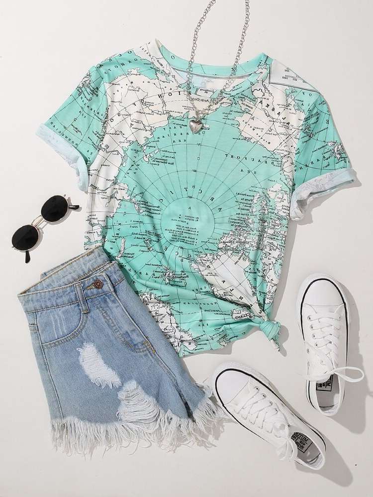  Map Round Neck Regular Women T-Shirts 219